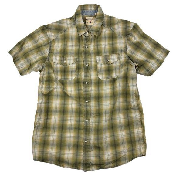 Red Head Green Yellow Pearl Snap S/S Western Button Shirt Cotton Polyester Sz L - Picture 1 of 8